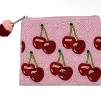 Pink Cherries Beaded Coin Pouch