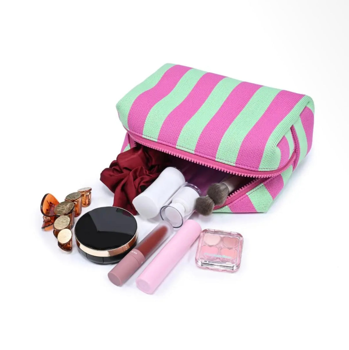 Pink and Mint Striped Cosmetic Bag