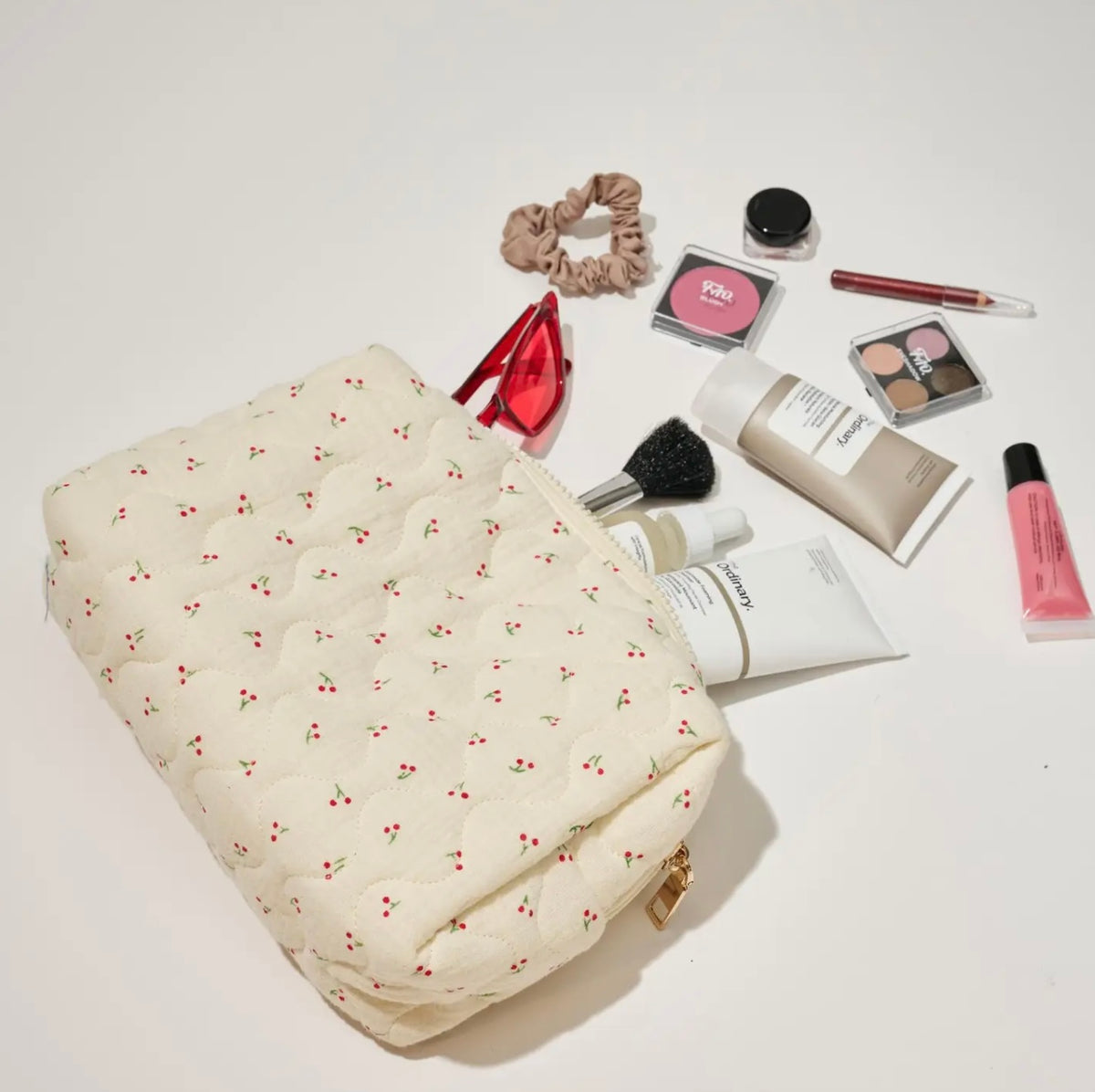 Cherry Quilted Cosmetic Bag